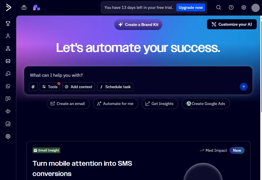ActiveCampaign Active Intelligence home screen with a prompt box and shortcuts to create an email, automate, get insights and create Google Ads