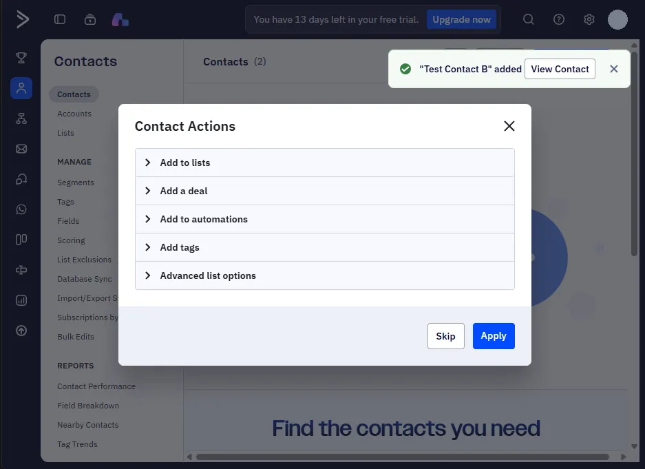ActiveCampaign Contact Actions dialog offering Add to lists, Add a deal, Add to automations, Add tags and Advanced list options after a test contact is added