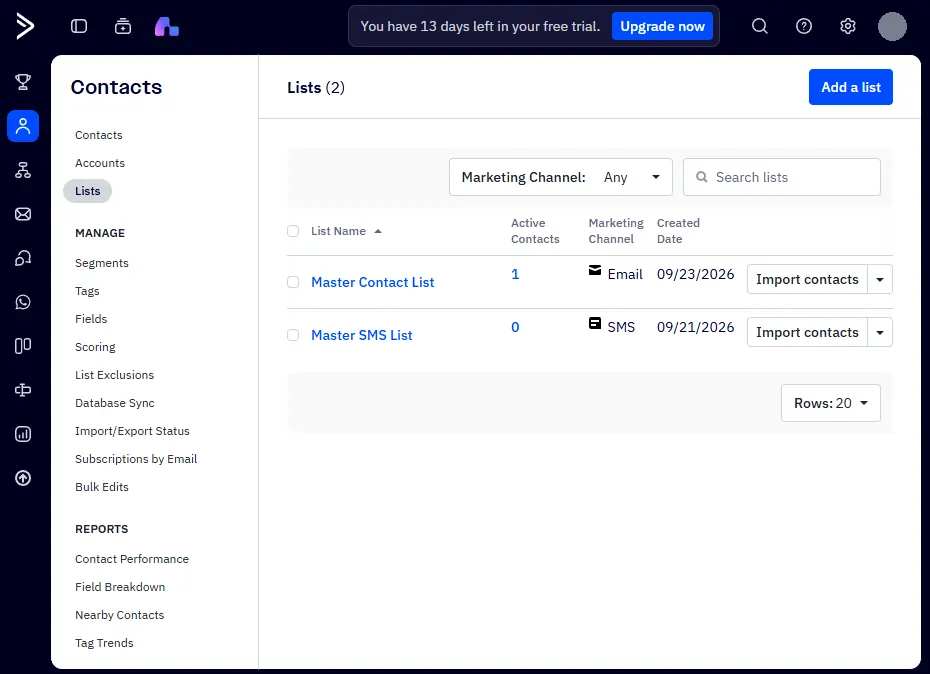 ActiveCampaign Lists page showing the Master Contact List with 1 active contact and the Master SMS List with 0