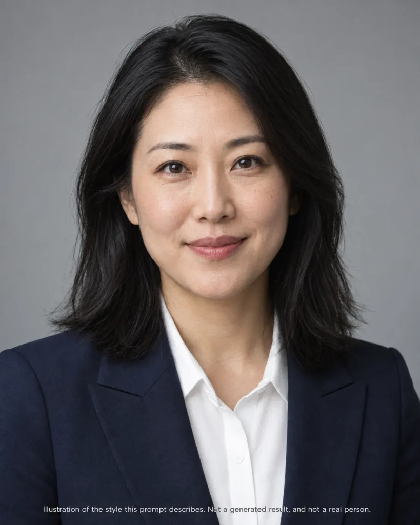 ai-headshot-prompt-classic-corporate-linkedin AI headshot prompt example showing an East Asian woman in a navy blazer on a soft gray studio background