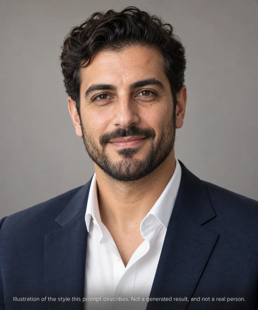 Consultant AI headshot illustration of a Middle Eastern man in a navy blazer on a warm gray studio background