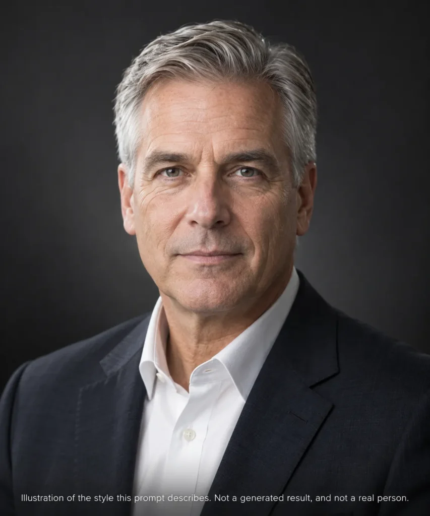 Executive leadership AI headshot illustration of a silver-haired man in a dark tailored suit against a charcoal studio background