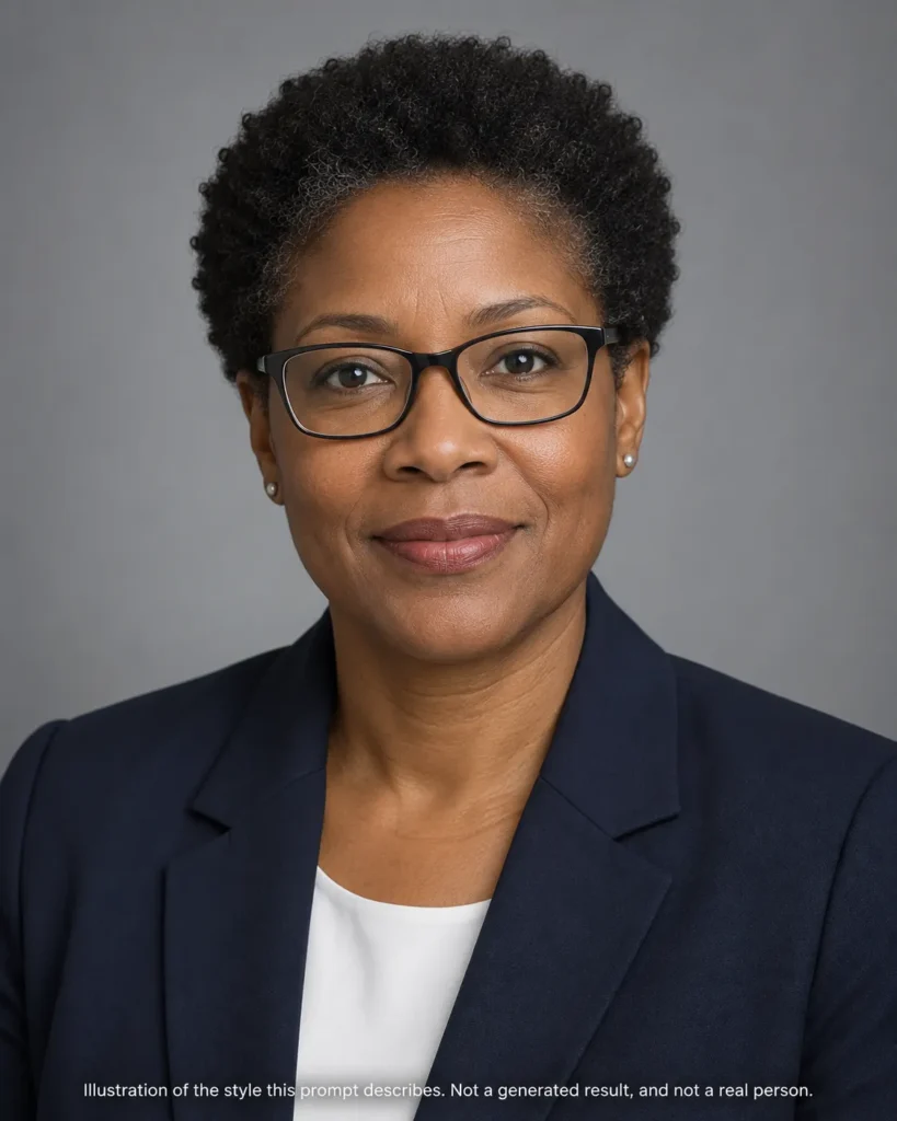 AI headshot prompts example for finance and legal showing a Black woman in a dark navy suit on a neutral studio background