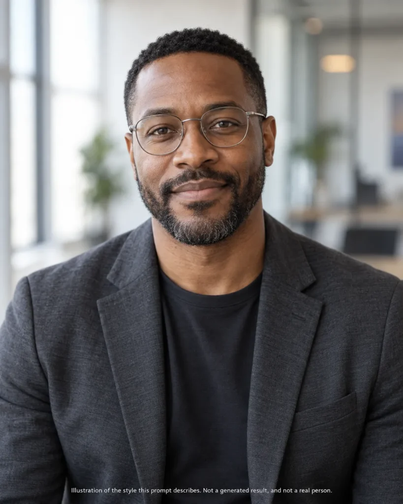 ai-headshot-prompt-modern-business-casual Modern business casual AI headshot illustration of a Black man in a charcoal blazer and glasses in a blurred office