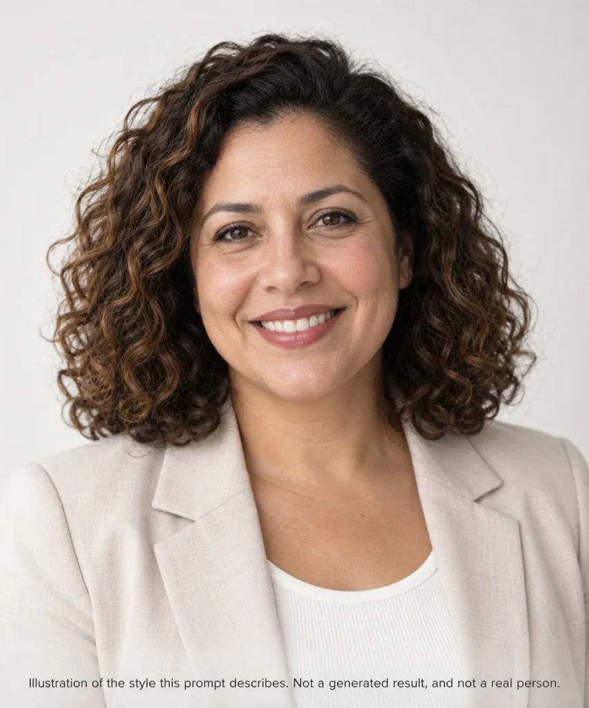 Recruiter and HR AI headshot illustration of a Latina woman in a light neutral blazer on an off-white background