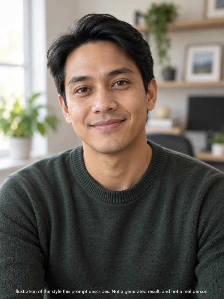 AI headshot prompts example for a remote professional with a Southeast Asian man in a smart-casual knit and blurred home office