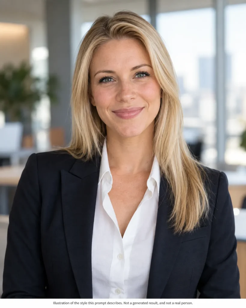 Sales professional AI headshot illustration of a blonde woman in a fitted blazer with a softly blurred modern office background