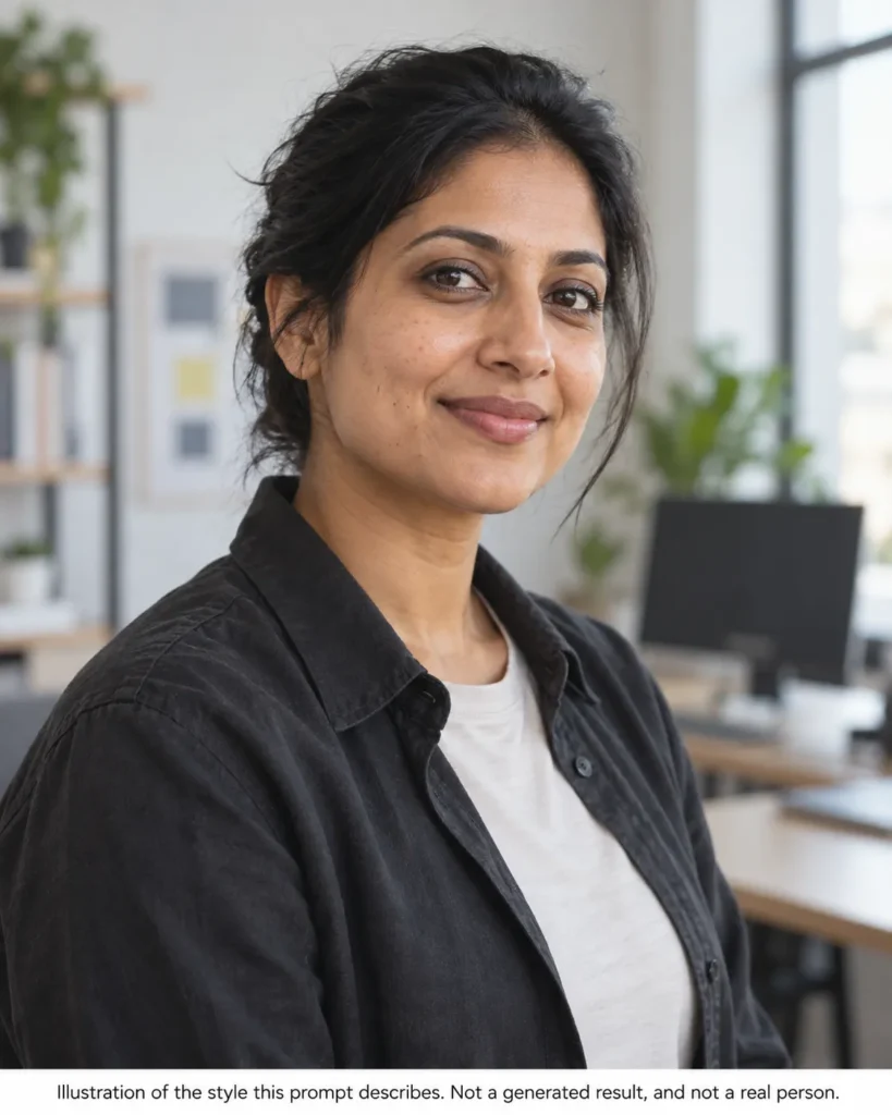 Tech founder AI headshot illustration of a South Asian woman in a dark overshirt with a blurred modern workspace