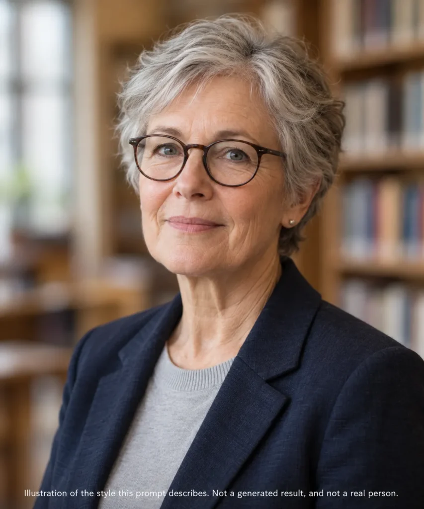AI headshot prompts example for an academic researcher showing a senior woman in a blazer with a softly blurred library background