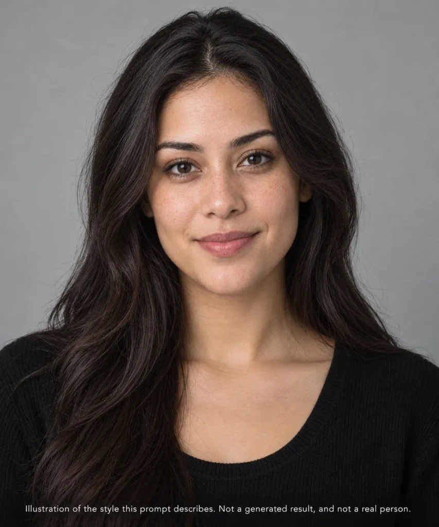 AI headshot prompts example for an appearance-relevant resume showing a young woman in simple professional clothing on a neutral studio background