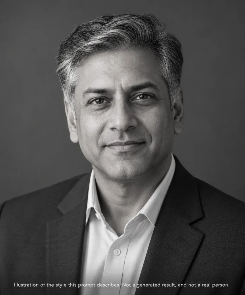 AI headshot prompts example showing a South Asian man in a black-and-white professional portrait on a dark gray studio background