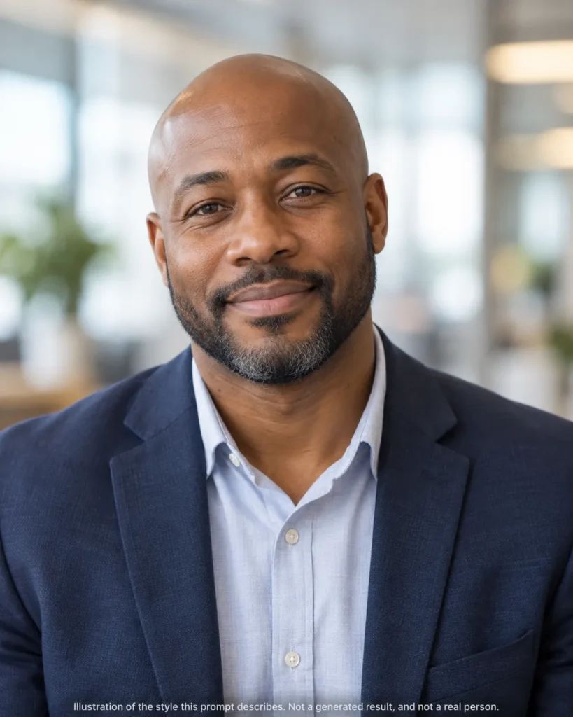 AI headshot prompts example showing a Black man in business-casual clothing with a heavily blurred modern office background