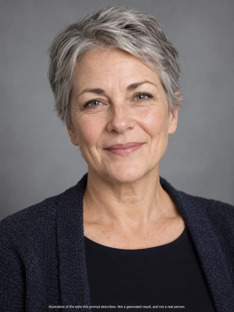 AI headshot prompts example for changing background only showing a woman with short gray hair on a soft gray studio backdrop