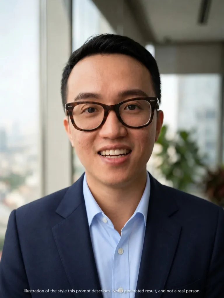 AI headshot prompts example for changing outfit only showing a man in a navy blazer and light blue shirt in a professional portrait