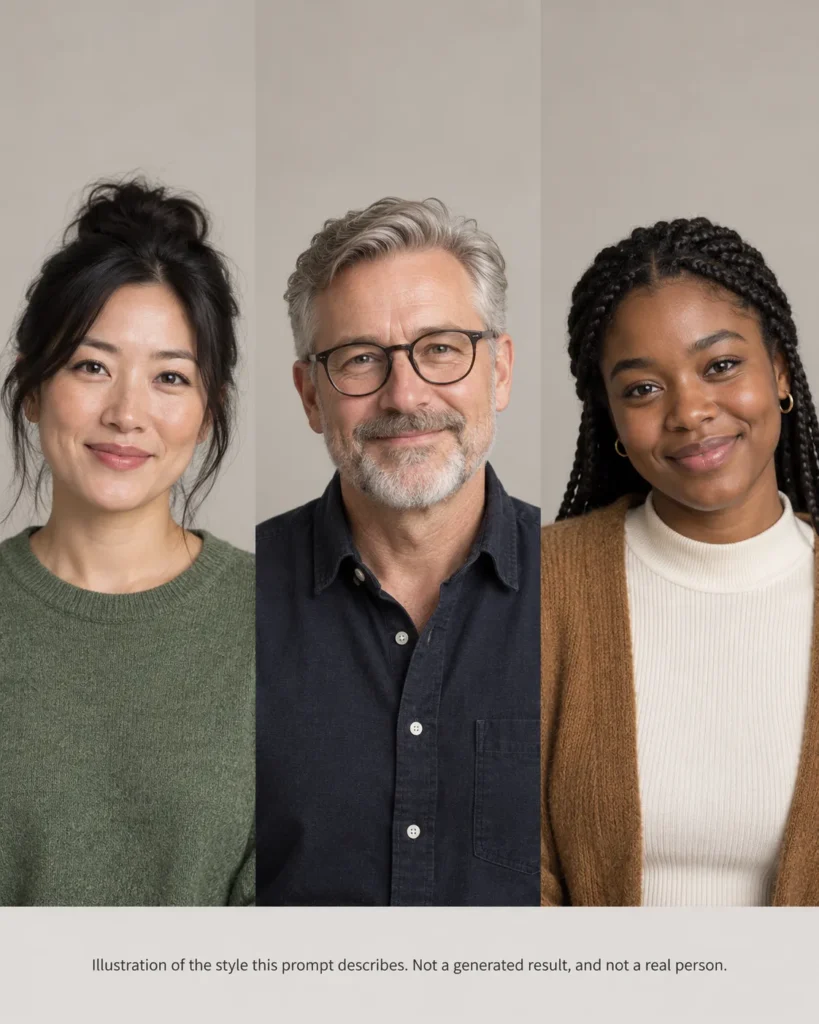 AI headshot prompts example showing three diverse remote team members with consistent lighting, crop, and warm gray backgrounds
