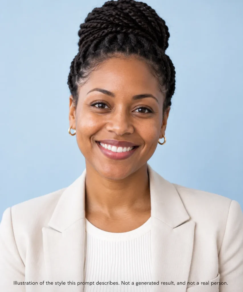 AI headshot prompts example for customer success and support showing a Black woman in business-casual attire on a pale blue background