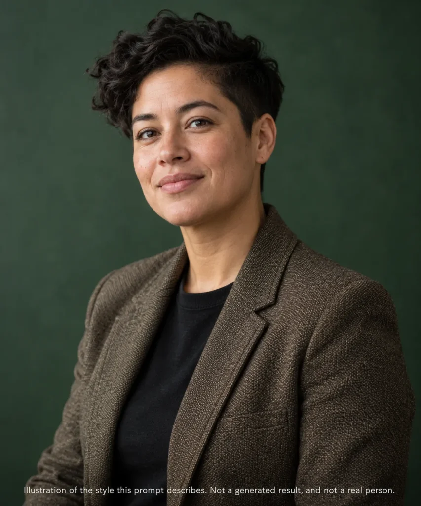 AI headshot prompts example for a designer and creative professional with a textured blazer and deep green studio background