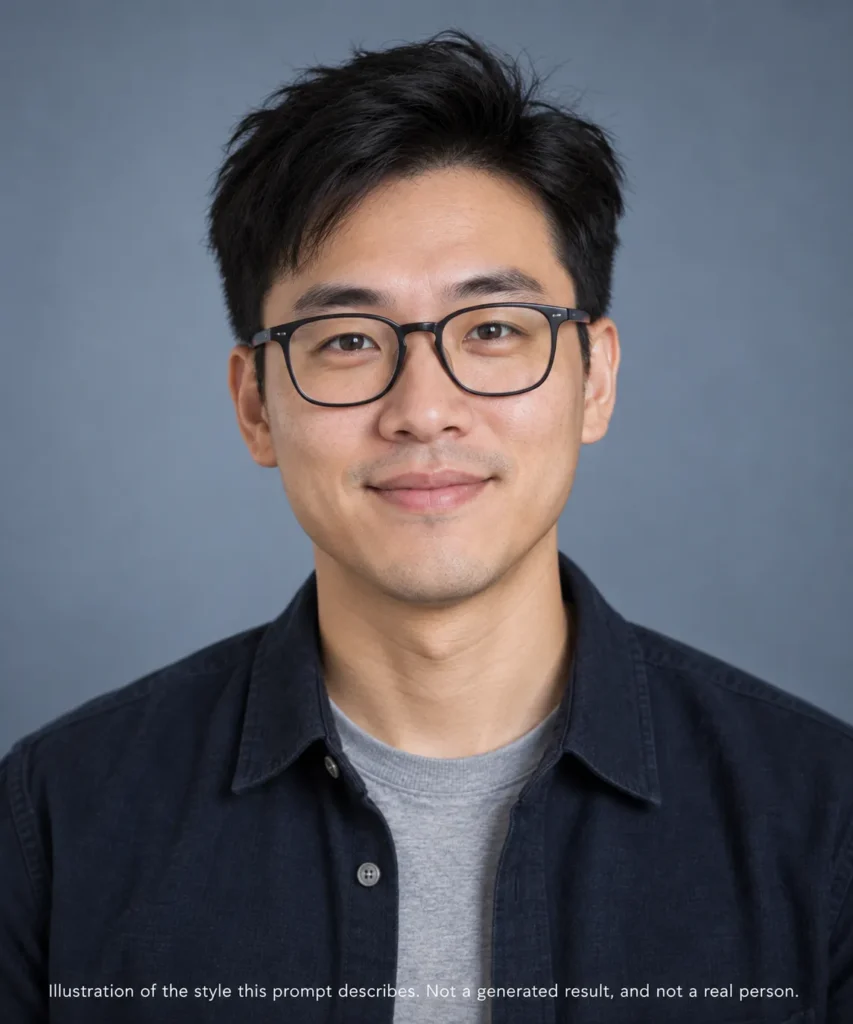 AI headshot prompts example for an engineer and developer showing an East Asian man with glasses on a gray-blue studio background