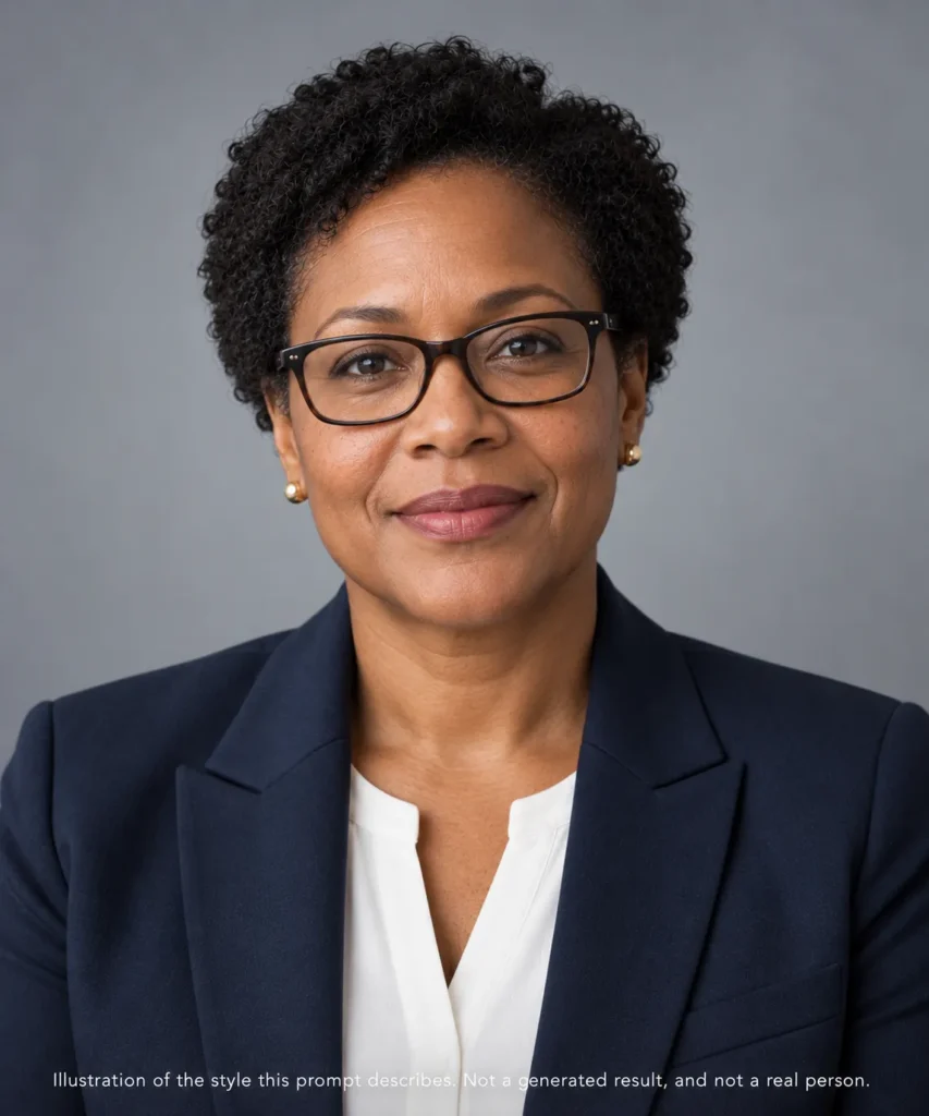 AI headshot prompts example for finance and legal showing a Black woman in a navy suit with glasses on a neutral studio background