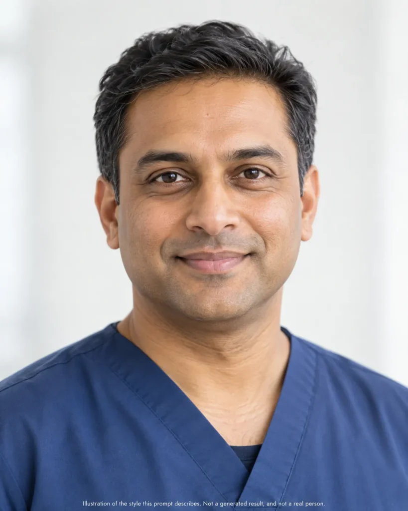 AI headshot prompts example for a healthcare clinician showing a South Asian man in plain clinical attire on a bright neutral background