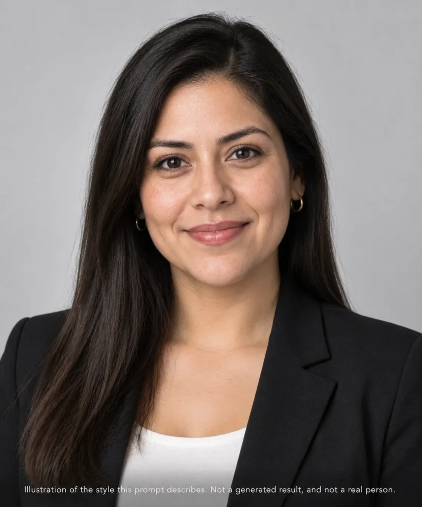 AI headshot prompts example for a job seeker LinkedIn profile showing a Latina woman in professional attire on a light gray background