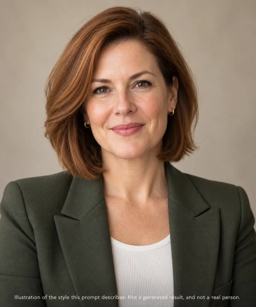 AI headshot prompts example for a marketing leader showing a woman in a structured blazer against a warm neutral studio background