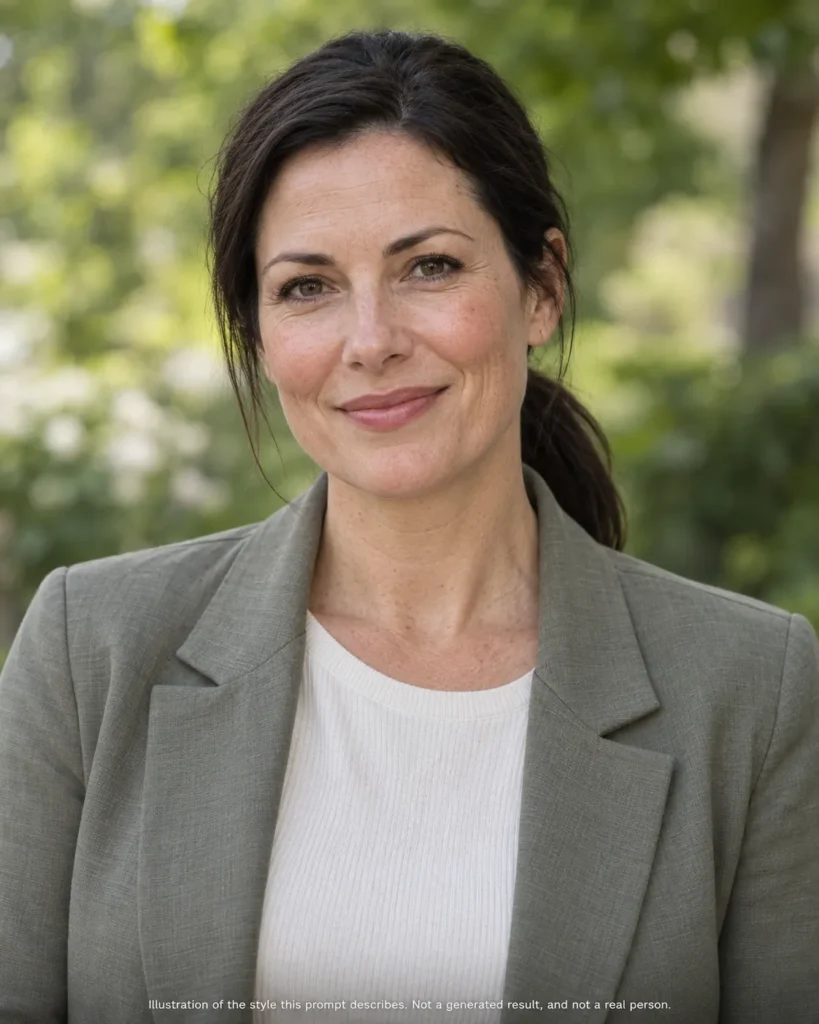 AI headshot prompts example showing a professional woman in smart-casual clothing with a softly blurred green outdoor background