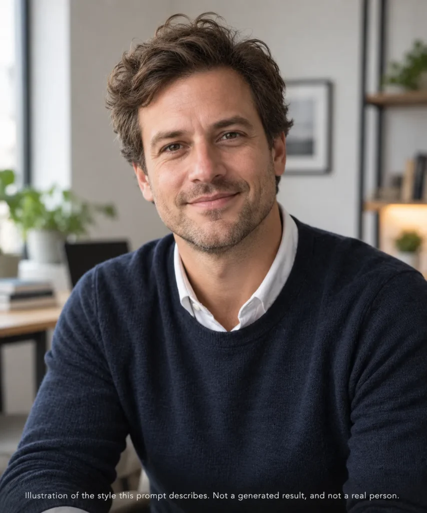 AI headshot prompts example for a portfolio and about page showing a professional man in smart-casual clothing with a softly blurred workspace background