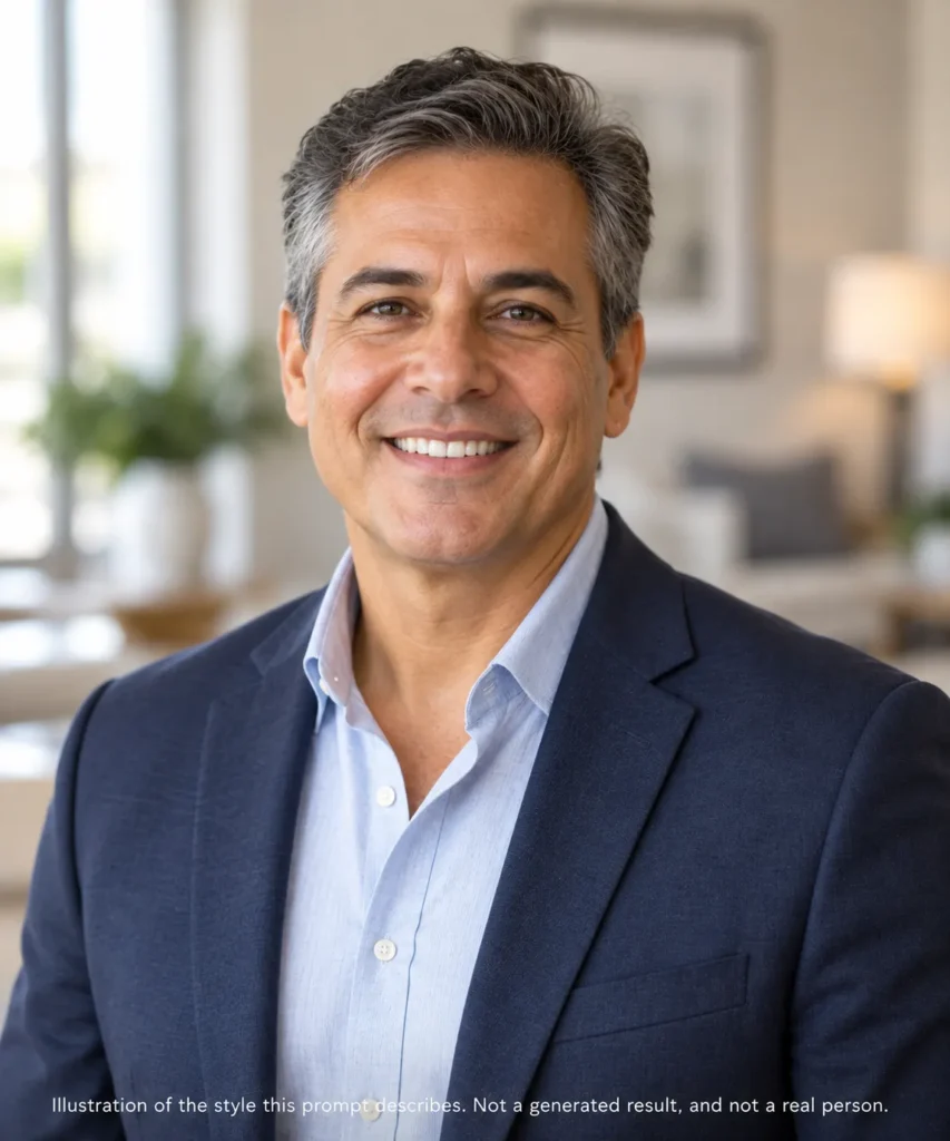 AI headshot prompts example for a real estate professional showing a Latino man in business-casual attire with a softly blurred interior background