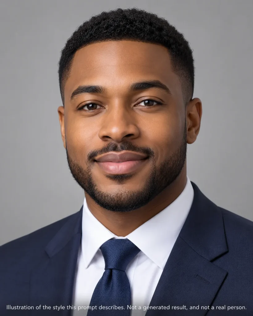 AI headshot prompts example for restoring natural likeness showing a Black man in professional attire with realistic skin texture on a neutral background