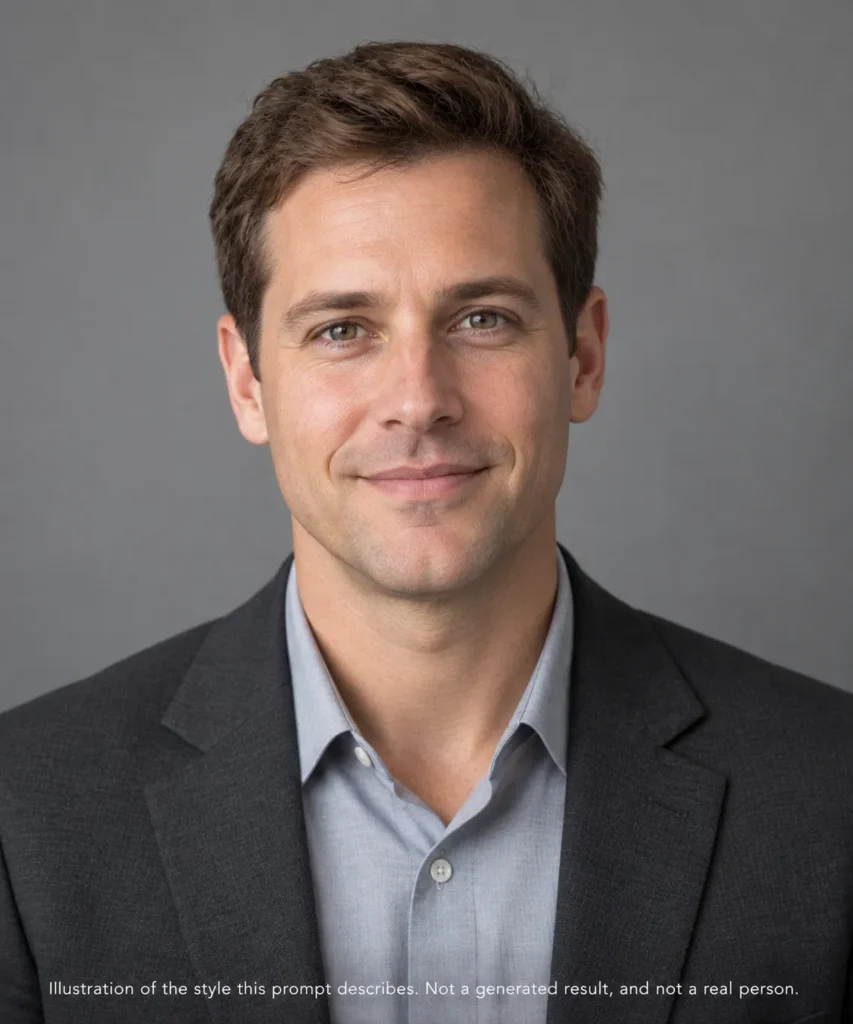 AI headshot prompts example showing a professional man in business attire against a soft gray studio background
