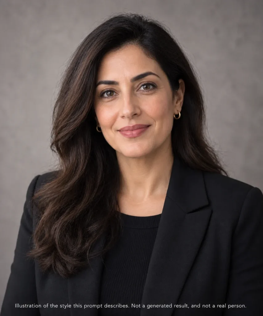 AI headshot prompts example for a speaker and author bio showing a Middle Eastern woman in dark professional clothing on a neutral textured background