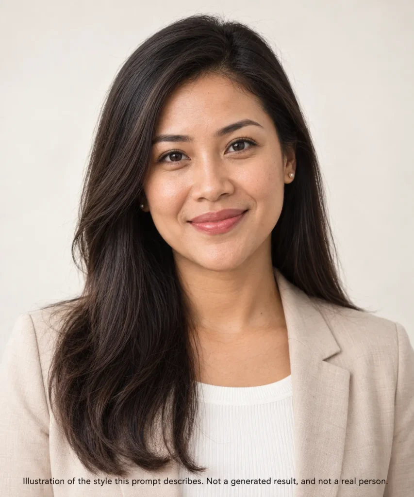 AI headshot prompts example showing a Southeast Asian woman in smart-casual clothing against a warm off-white studio background