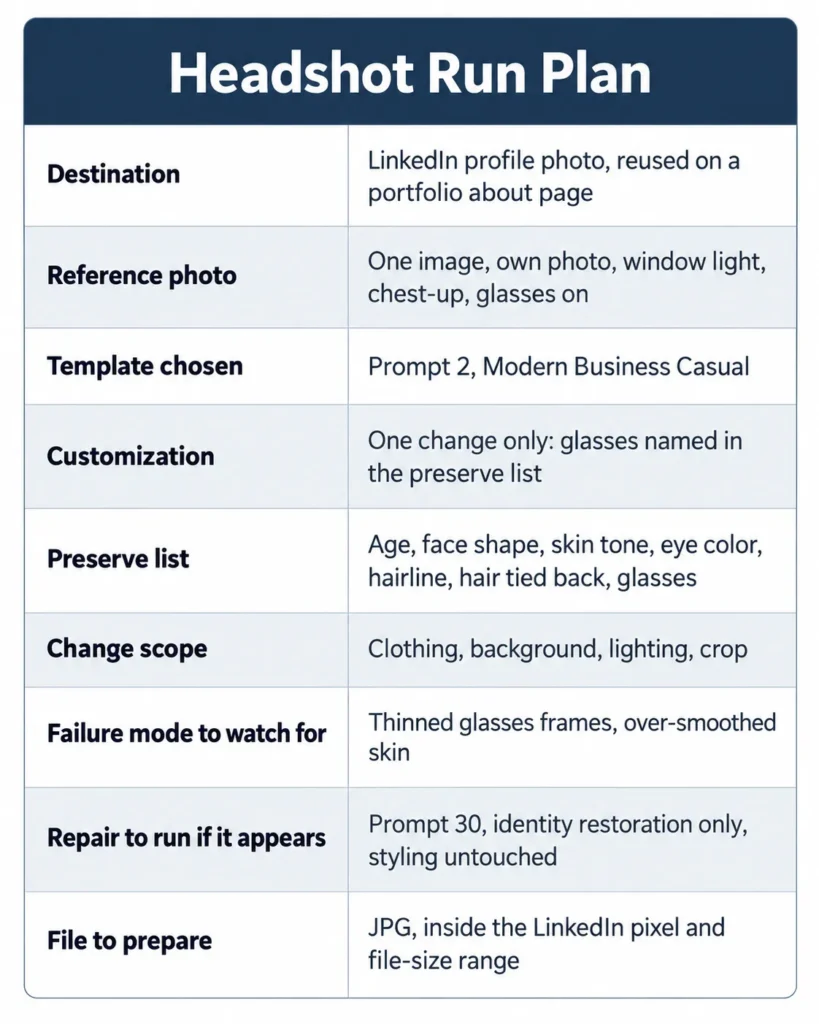 AI headshot prompts workflow example showing a Headshot Run Plan with destination, reference photo, preserve list, change scope, repair step, and file preparation