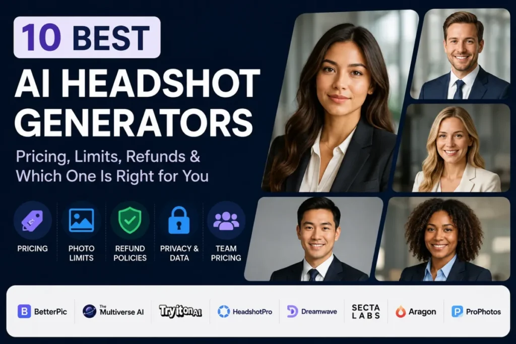 Best AI headshot generator comparison featuring 10 tools with pricing, limits, refunds, privacy, and team pricing