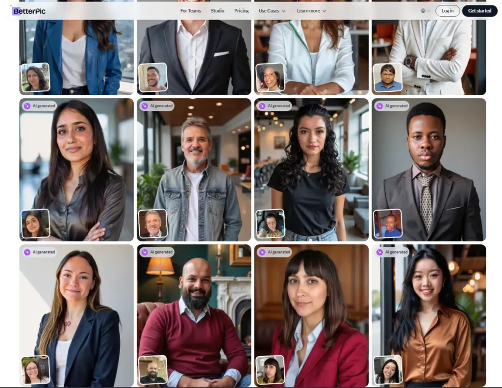 BetterPic AI headshot generator examples with original photos and AI-generated professional headshots