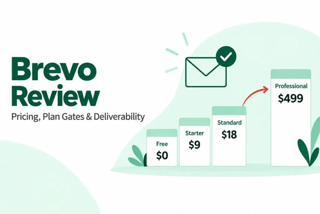 Brevo Review featured image showing Brevo plan prices: Free $0, Starter $9, Standard $18 and Professional $499, with an arrow marking the jump to Professional