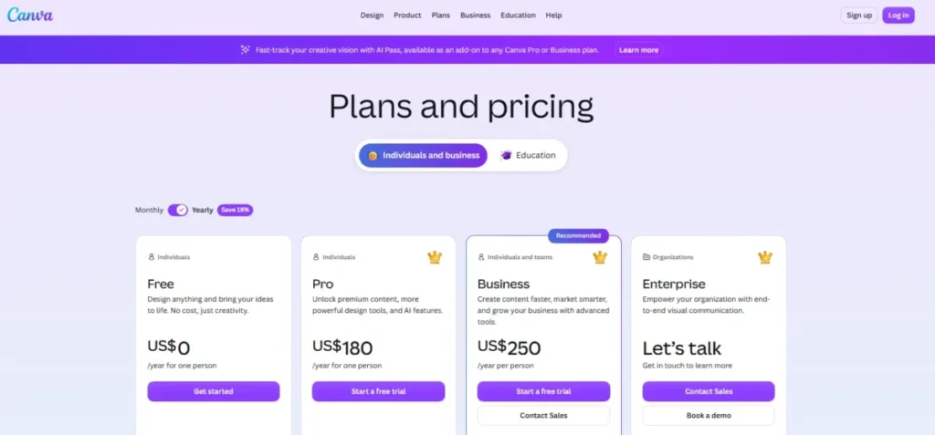 Canva pricing plans 2026 showing Free at $0, Pro at $180 per year and Business at $250 per year