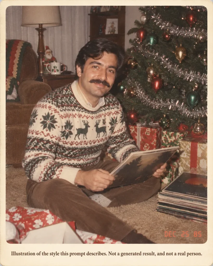 ChatGPT 80s photo prompt illustration of a 1985 Christmas living room scene with a man in a patterned holiday sweater beside a tinsel tree, wrapped gifts, vinyl records, and a red-orange date stamp