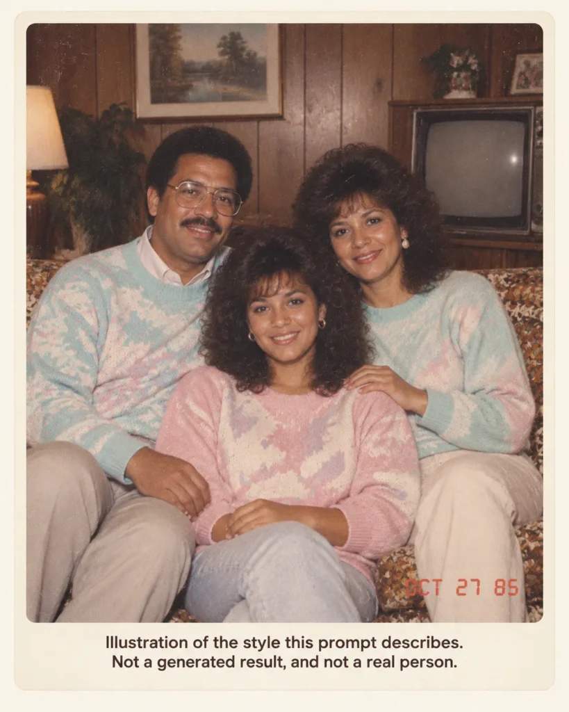 ChatGPT 80s photo prompt illustration of a 1985 family portrait with three adults in matching pastel sweaters on a floral couch in a wood-paneled living room with a console TV and red-orange date stamp