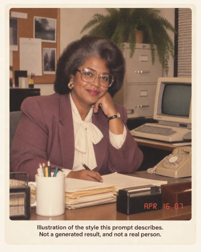 ChatGPT 80s photo prompt illustration of a 1987 office portrait with a beige computer, rotary phone, paper folders, fern, shoulder-padded blazer, film grain, and a red-orange date stamp
