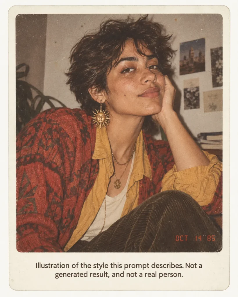 ChatGPT 80s photo prompt illustration showing a fictional 1985 flashback portrait with feathered hair, analog grain, faded color, direct flash, and a red-orange date stamp