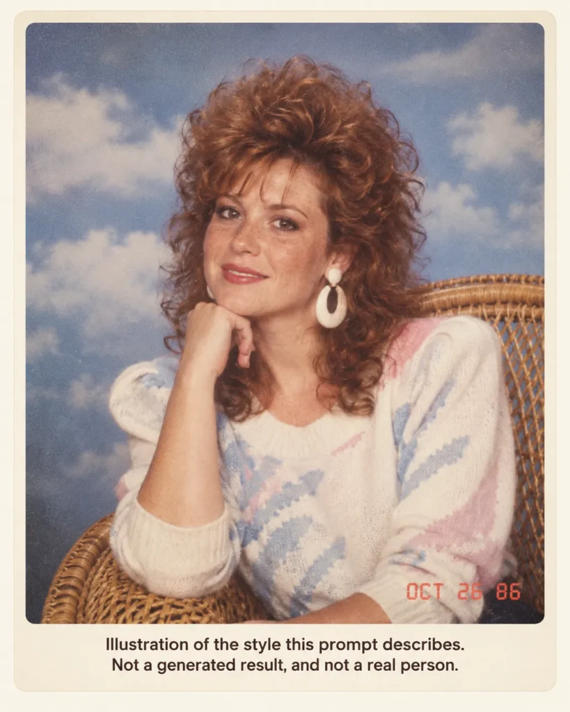 ChatGPT 80s photo prompt illustration of a 1986 mall studio portrait with teased auburn hair, shoulder pads, a wicker chair, cloud backdrop, film grain, and a red-orange date stamp