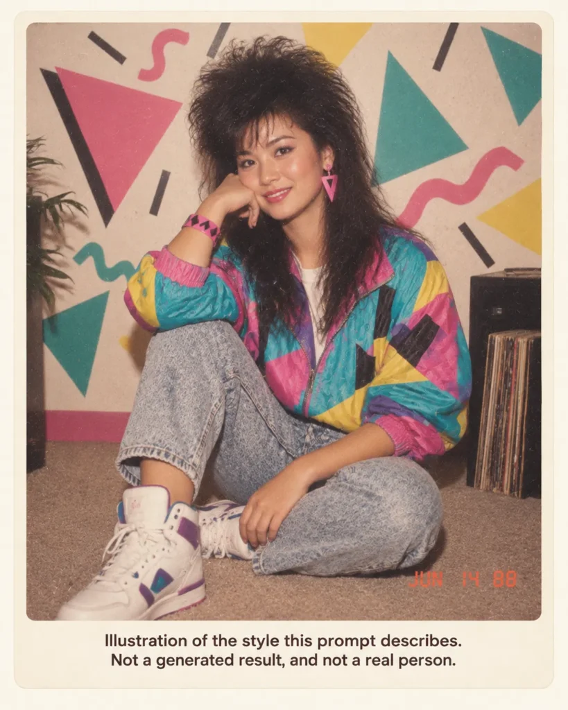 ChatGPT 80s photo prompt illustration of a 1988 neon portrait with teased black hair, geometric windbreaker, high-top sneakers, teal pink and yellow backdrop, film grain, and a red-orange date stamp