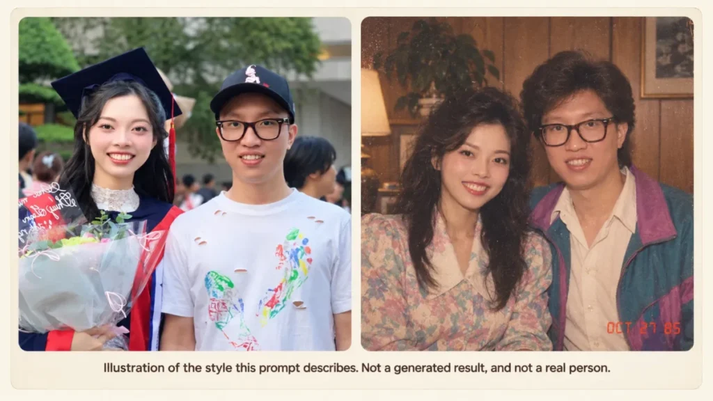 ChatGPT 80s photo prompt before-and-after example showing a present-day photo transformed into a 1985-style portrait with feathered hair, retro clothing, film grain, and a red-orange date stamp