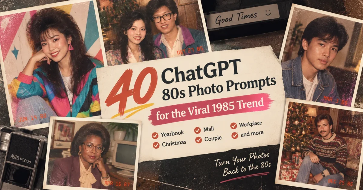 ChatGPT 80s photo prompts featured image with retro 1985 portraits, yearbook, Christmas, mall, couple and workplace styles in a vintage photo collage