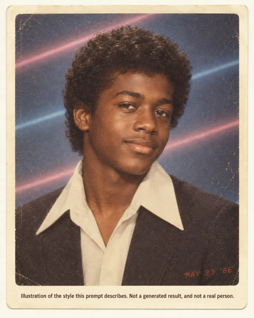ChatGPT 80s photo prompt illustration of a 1986 senior yearbook portrait with curly hair, a wide collar, blue and pink laser backdrop, film grain, and a red-orange date stamp