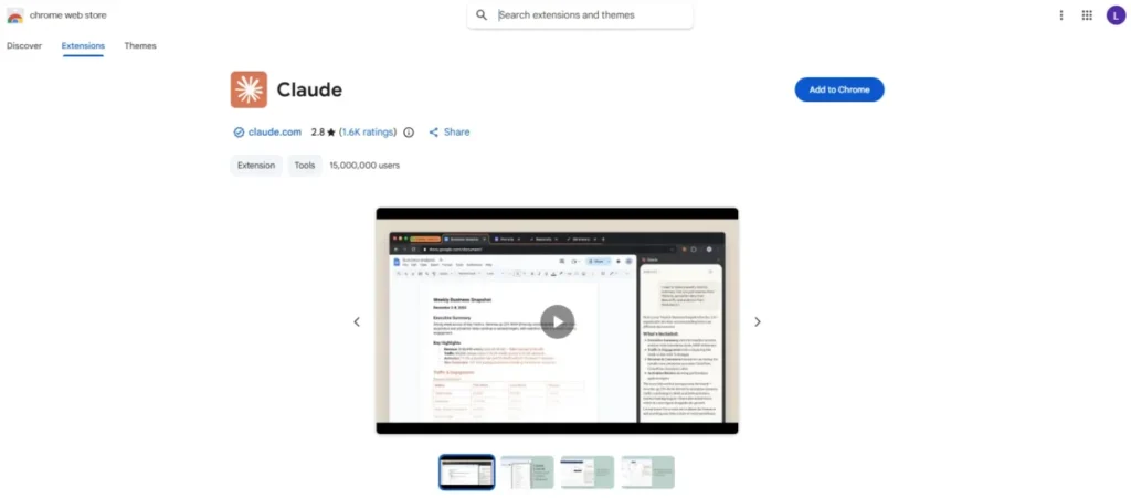 Claude Chrome extension listing on the Chrome Web Store with the Add to Chrome button