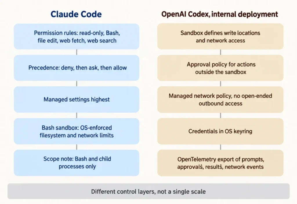 Two-lane diagram comparing Claude Code and OpenAI Codex control models, including permission rules, sandbox boundaries, and security controls