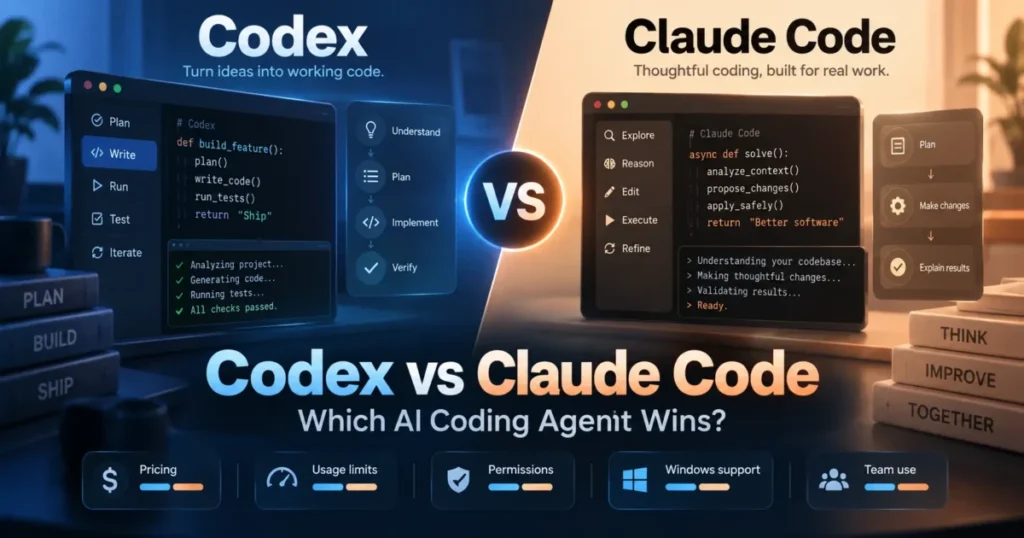 Codex vs Claude Code comparison featured image showing AI coding workflows, pricing, usage limits, permissions, Windows support, and team use